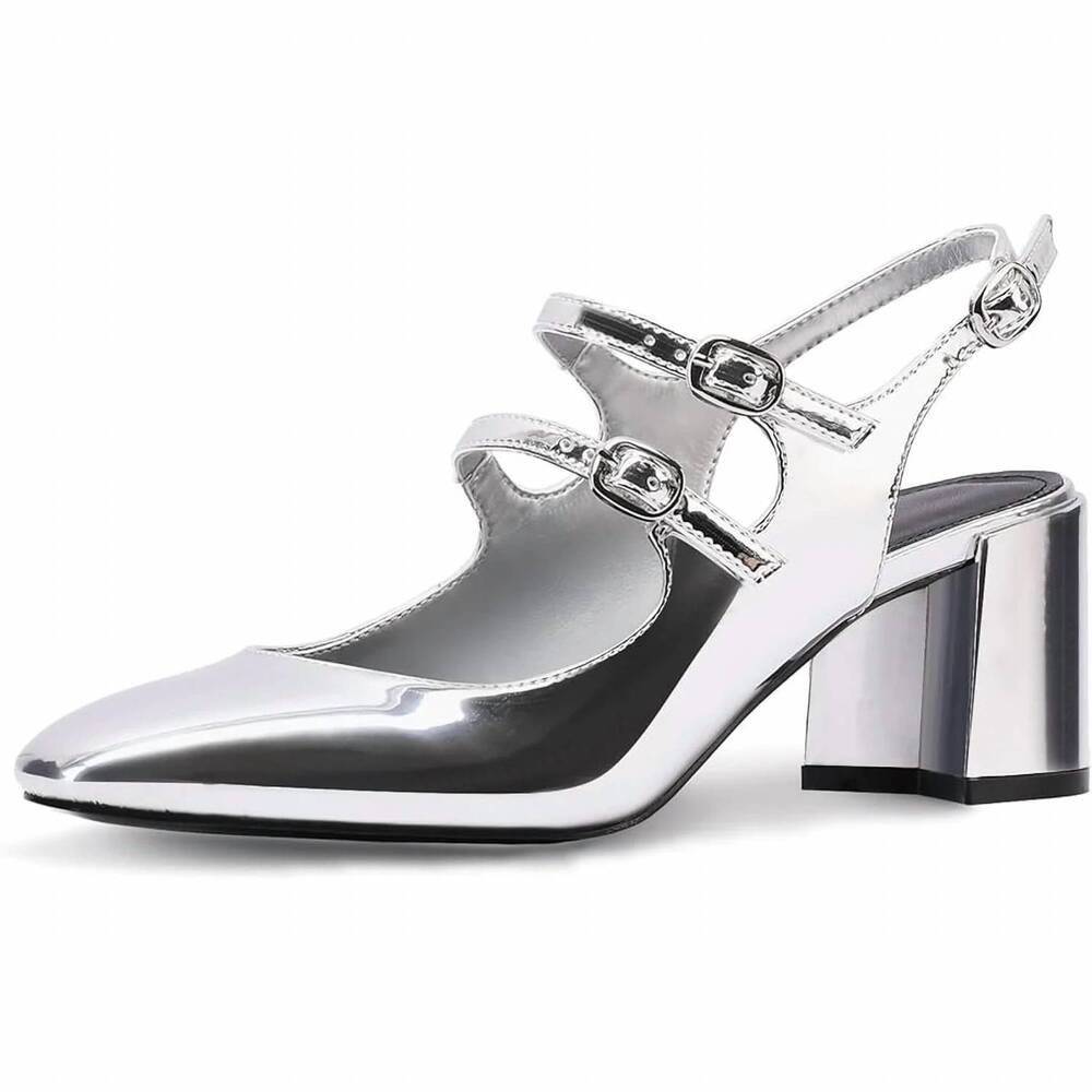 NEW ADRIZZLEIN women's mary jane buckle block heels in silver